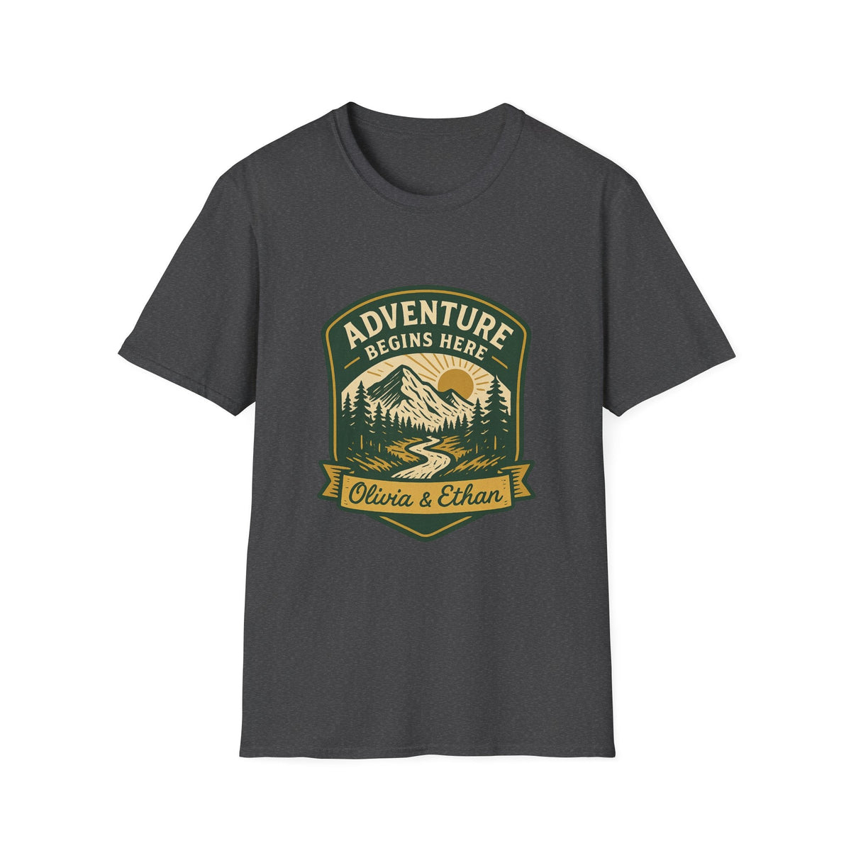 Adventure Begins Here T-Shirt | Personalized Mountain Hiking Graphic Tee | Outdoor Couple Gift | SummitPine