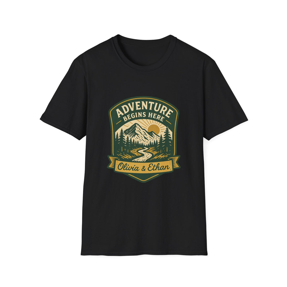 Adventure Begins Here T-Shirt | Personalized Mountain Hiking Graphic Tee | Outdoor Couple Gift | SummitPine