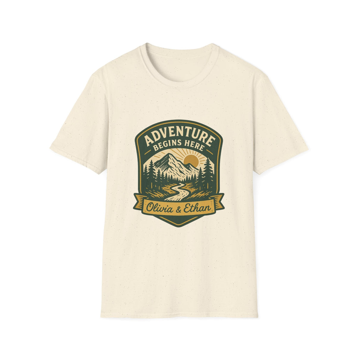 Adventure Begins Here T-Shirt | Personalized Mountain Hiking Graphic Tee | Outdoor Couple Gift | SummitPine