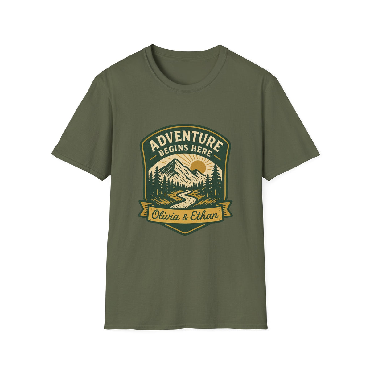 Adventure Begins Here T-Shirt | Personalized Mountain Hiking Graphic Tee | Outdoor Couple Gift | SummitPine