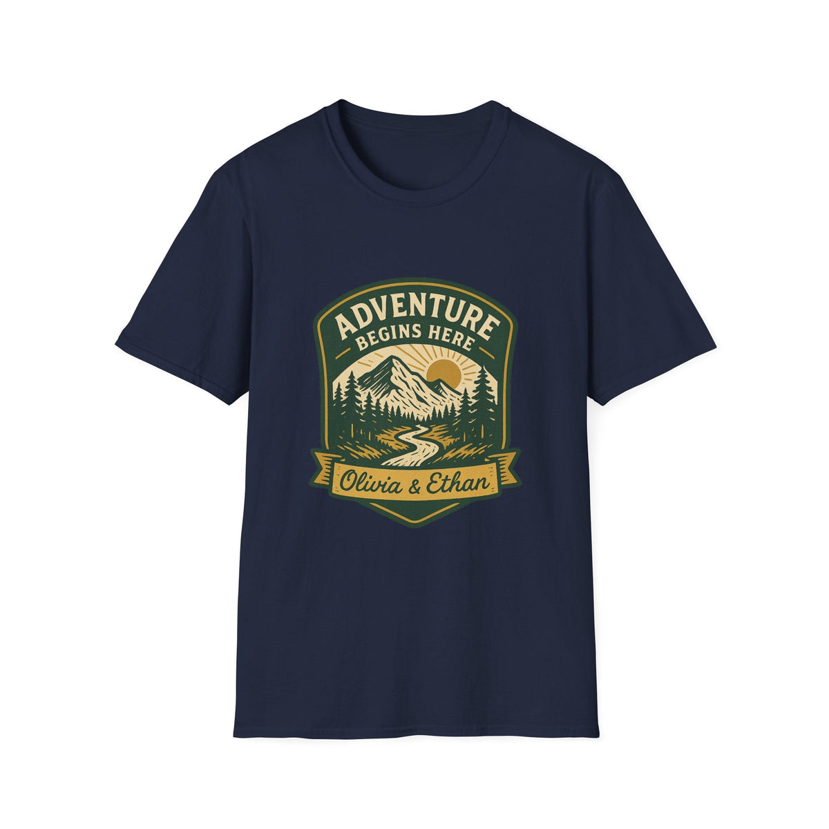 Adventure Begins Here T-Shirt | Personalized Mountain Hiking Graphic Tee | Outdoor Couple Gift | SummitPine