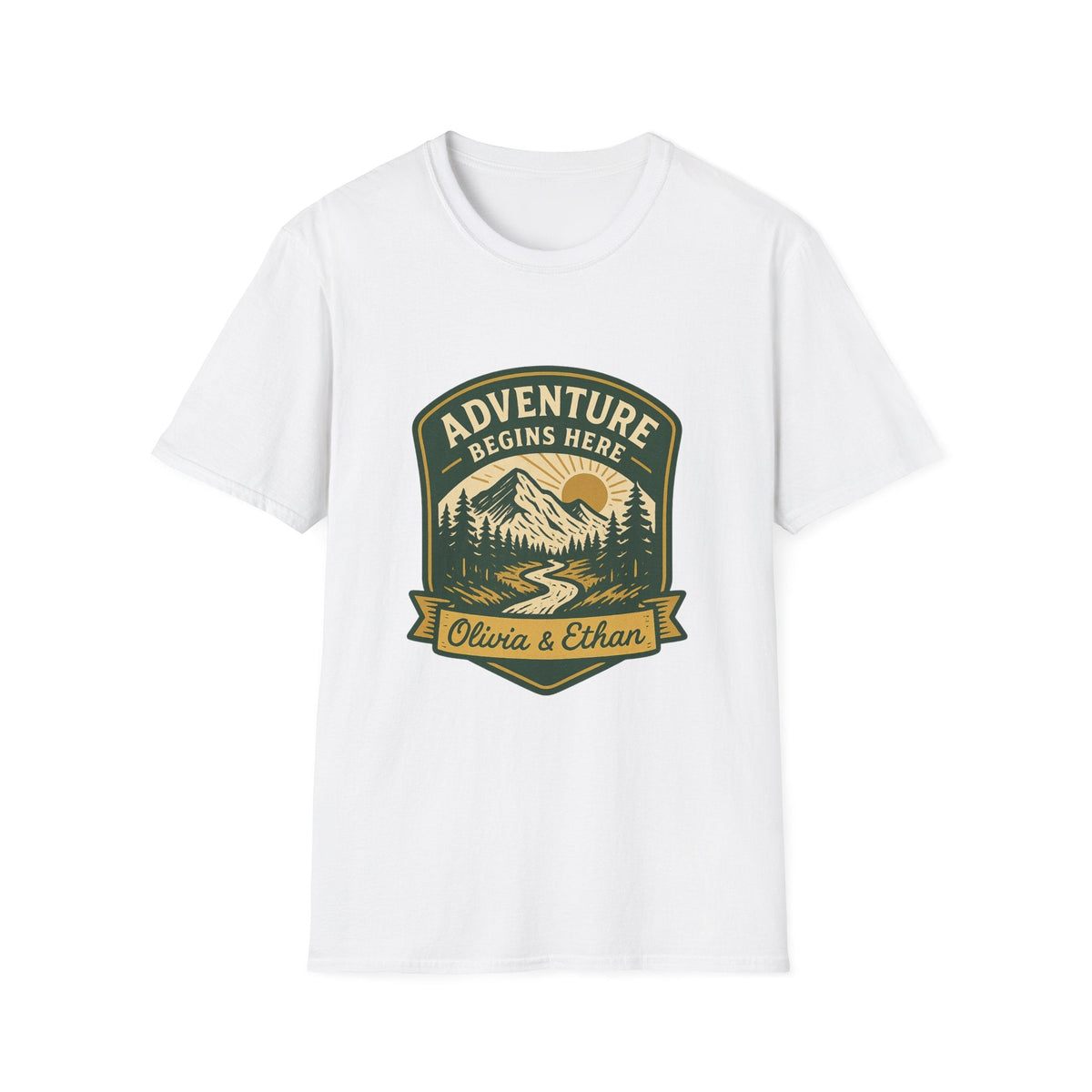 Adventure Begins Here T-Shirt | Personalized Mountain Hiking Graphic Tee | Outdoor Couple Gift | SummitPine