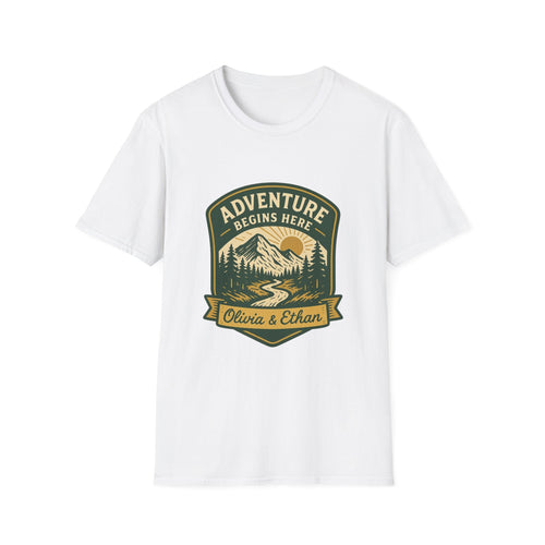 Adventure Begins Here T-Shirt | Personalized Mountain Hiking Graphic Tee | Outdoor Couple Gift | SummitPine