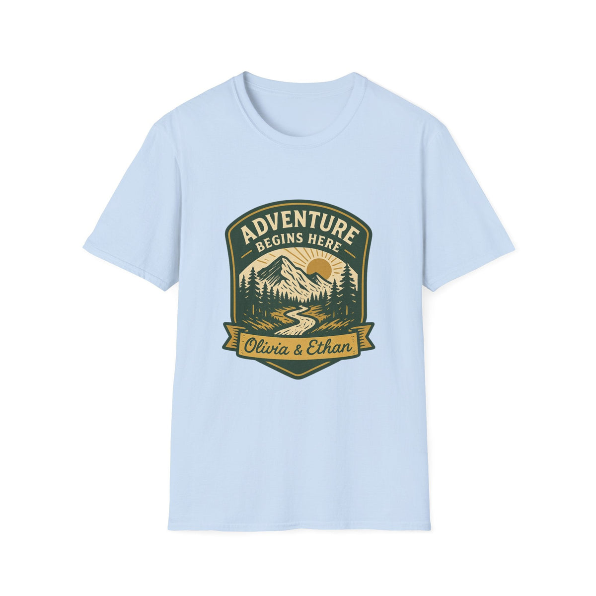 Adventure Begins Here T-Shirt | Personalized Mountain Hiking Graphic Tee | Outdoor Couple Gift | SummitPine