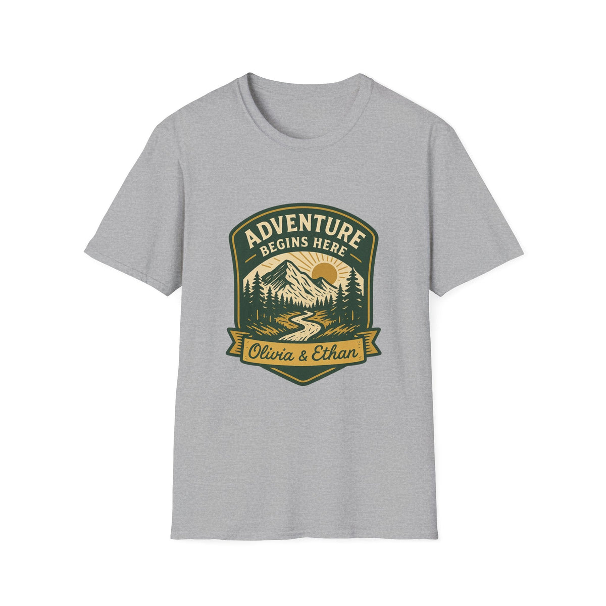Adventure Begins Here T-Shirt | Personalized Mountain Hiking Graphic Tee | Outdoor Couple Gift | SummitPine