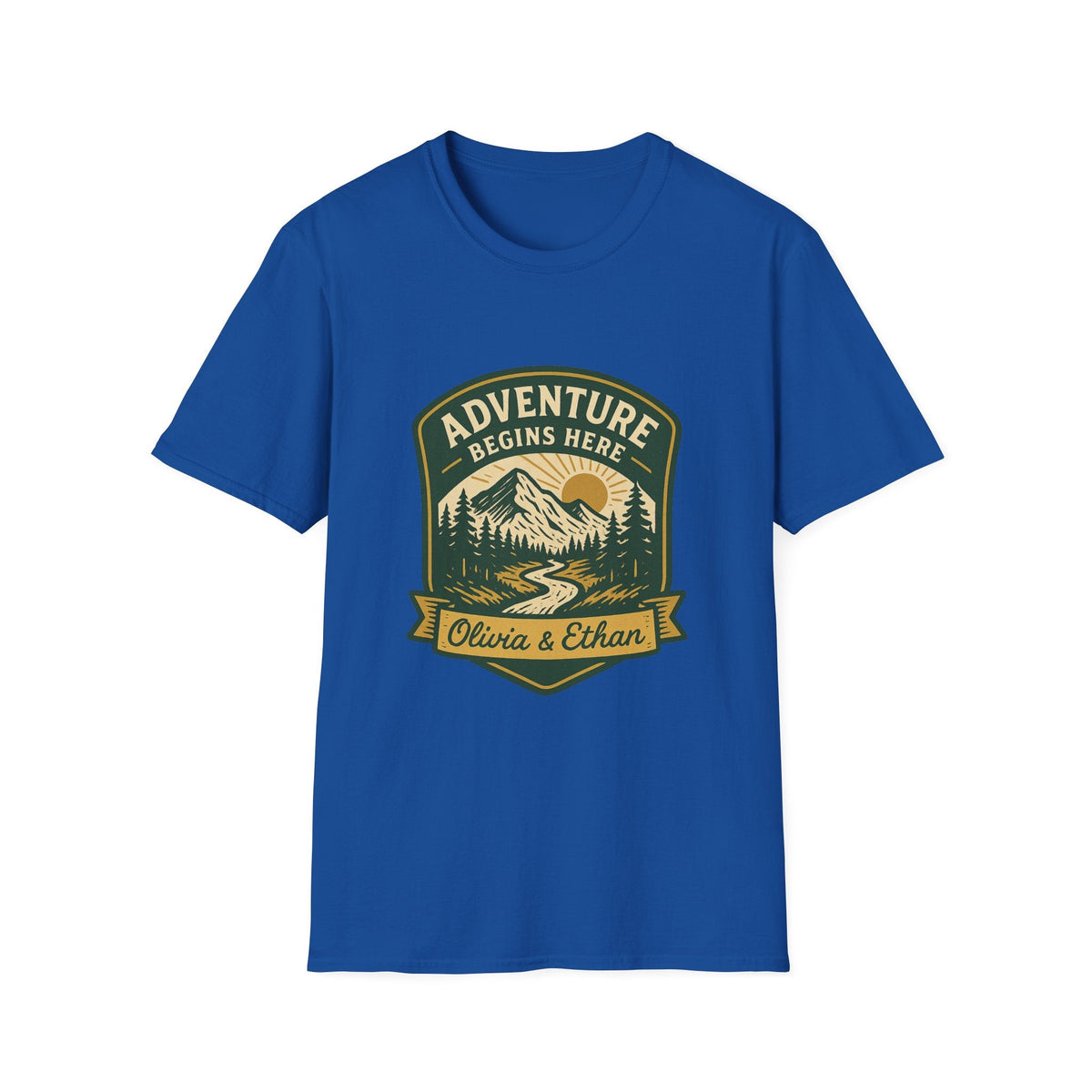 Adventure Begins Here T-Shirt | Personalized Mountain Hiking Graphic Tee | Outdoor Couple Gift | SummitPine