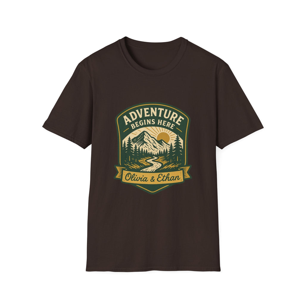 Adventure Begins Here T-Shirt | Personalized Mountain Hiking Graphic Tee | Outdoor Couple Gift | SummitPine