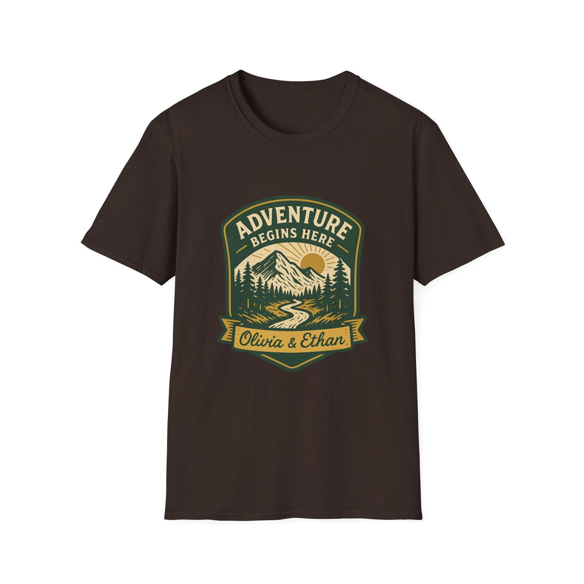 Adventure Begins Here T-Shirt | Personalized Mountain Hiking Graphic Tee | Outdoor Couple Gift | SummitPine