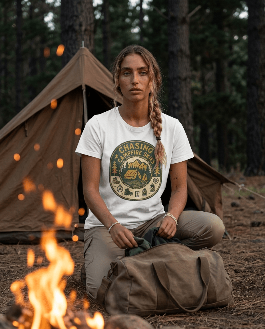 Chasing Campfire Skies T-Shirt | Mountain Camping Badge | SummitPine