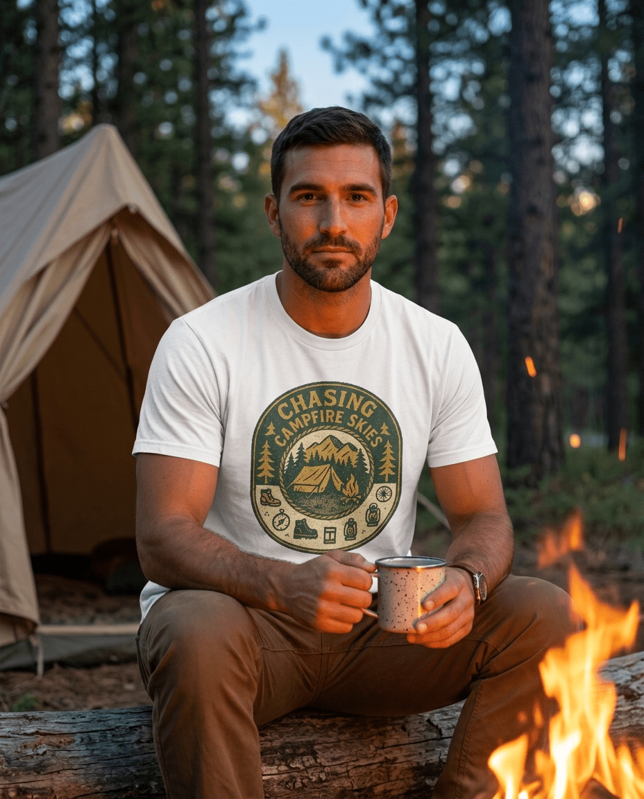 Chasing Campfire Skies T-Shirt | Mountain Camping Badge | SummitPine