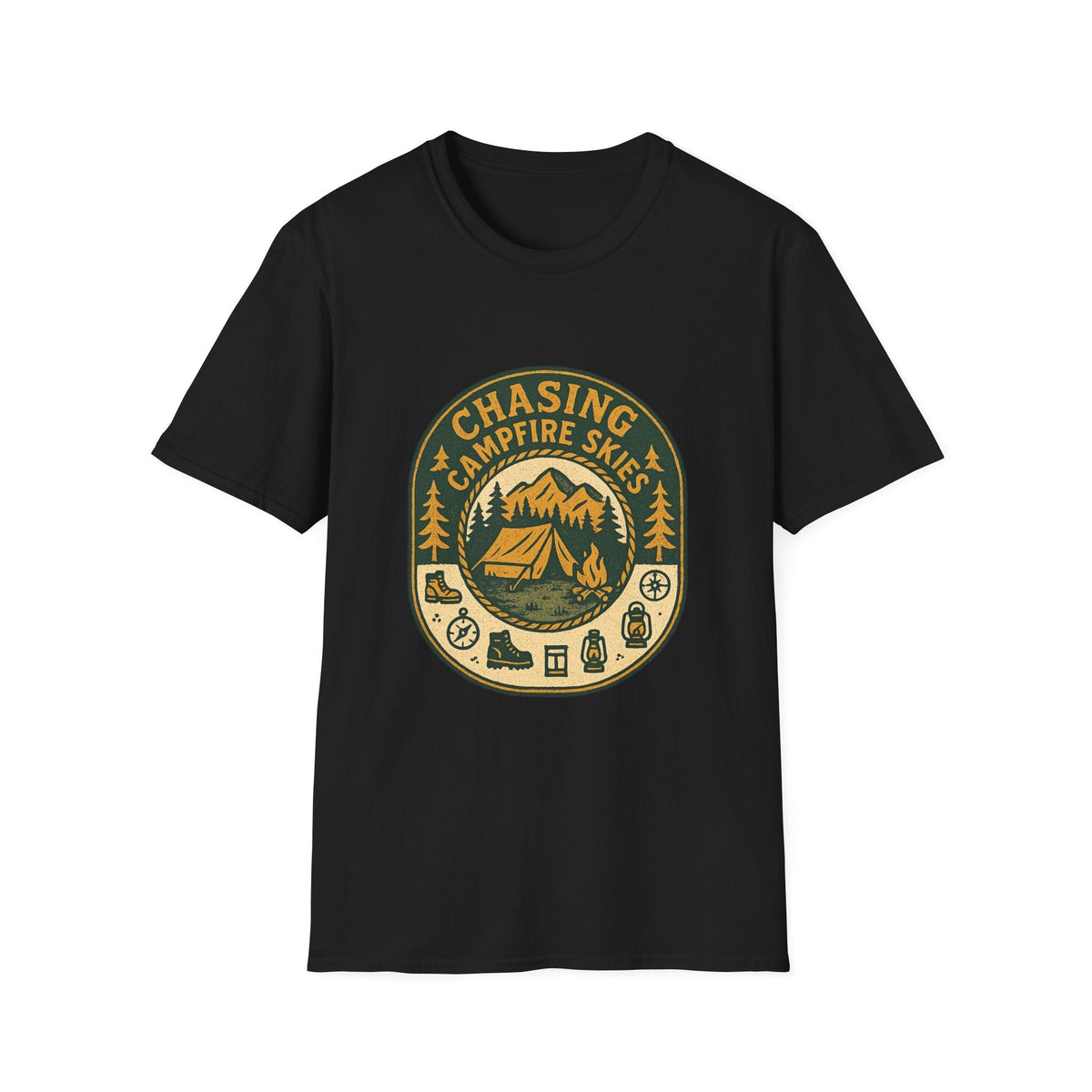 Chasing Campfire Skies T-Shirt | Mountain Camping Badge | SummitPine
