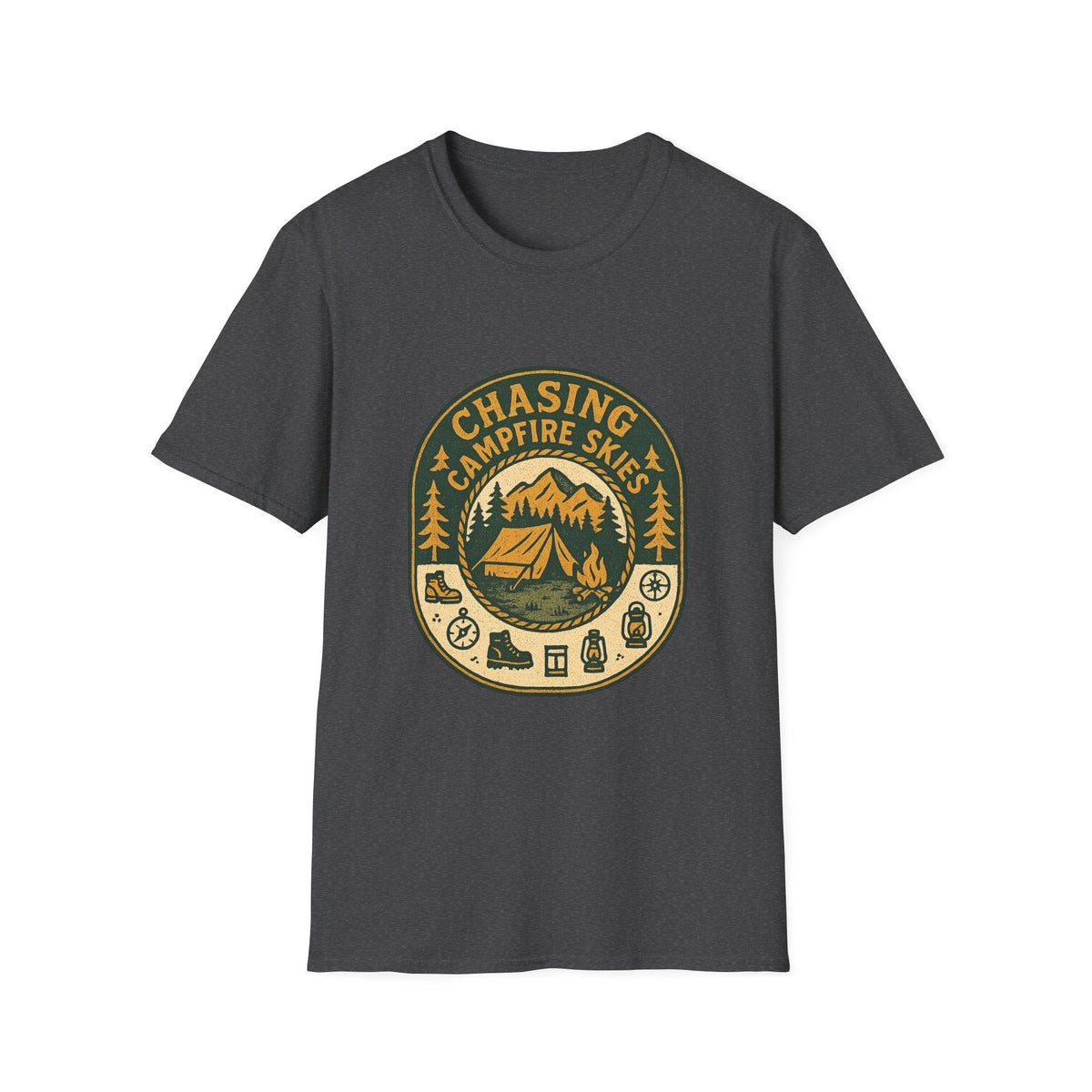 Chasing Campfire Skies T-Shirt | Mountain Camping Badge | SummitPine