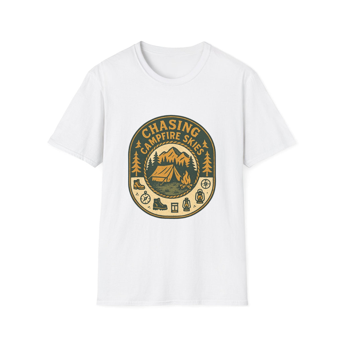 Chasing Campfire Skies T-Shirt | Mountain Camping Badge | SummitPine