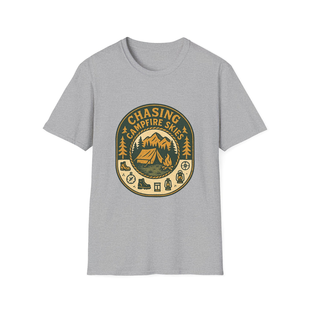 Chasing Campfire Skies T-Shirt | Mountain Camping Badge | SummitPine