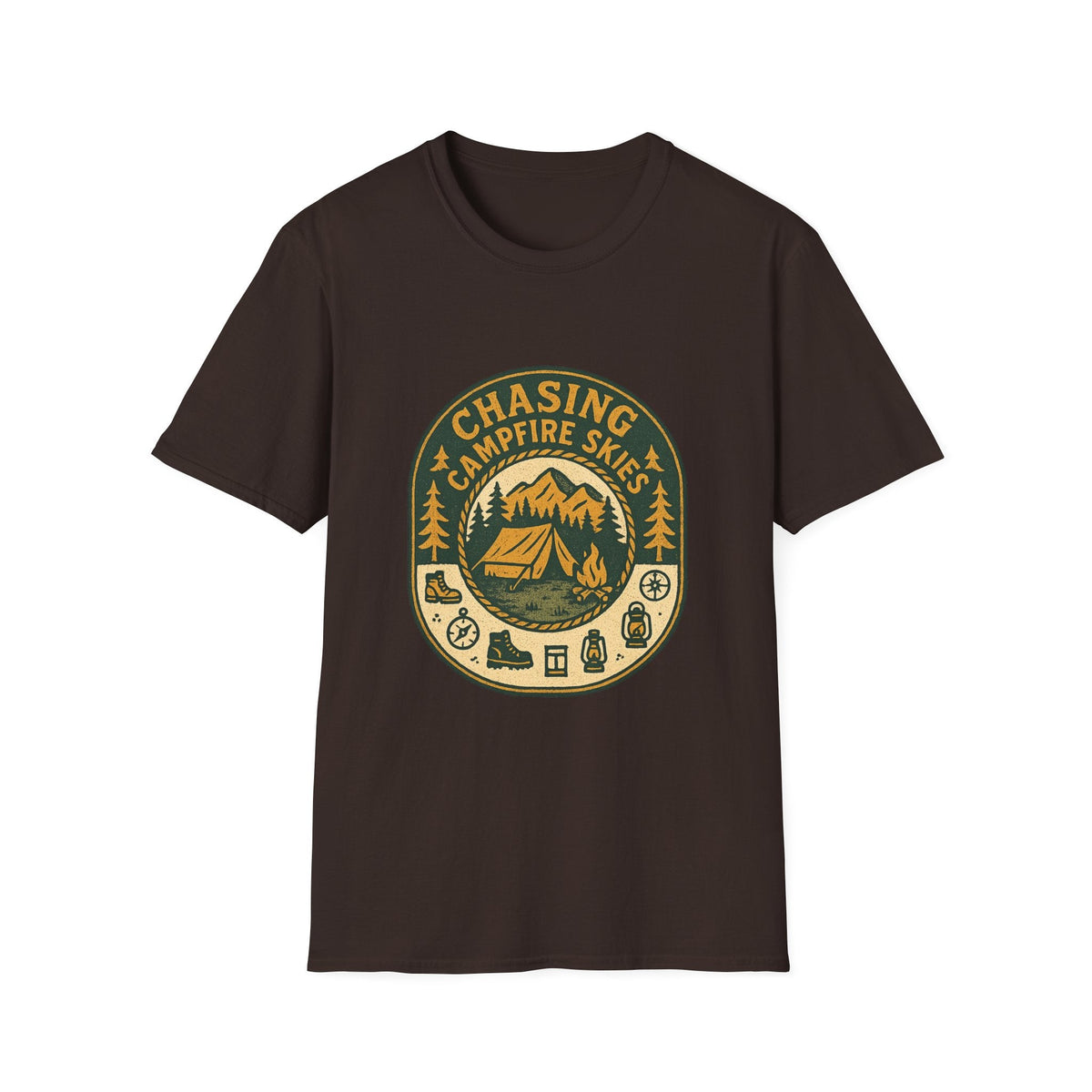 Chasing Campfire Skies T-Shirt | Mountain Camping Badge | SummitPine