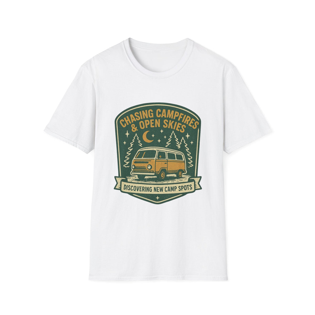 Chasing Campfires & Open Skies T-Shirt | Vintage Camper Van Camping Design | SummitPine