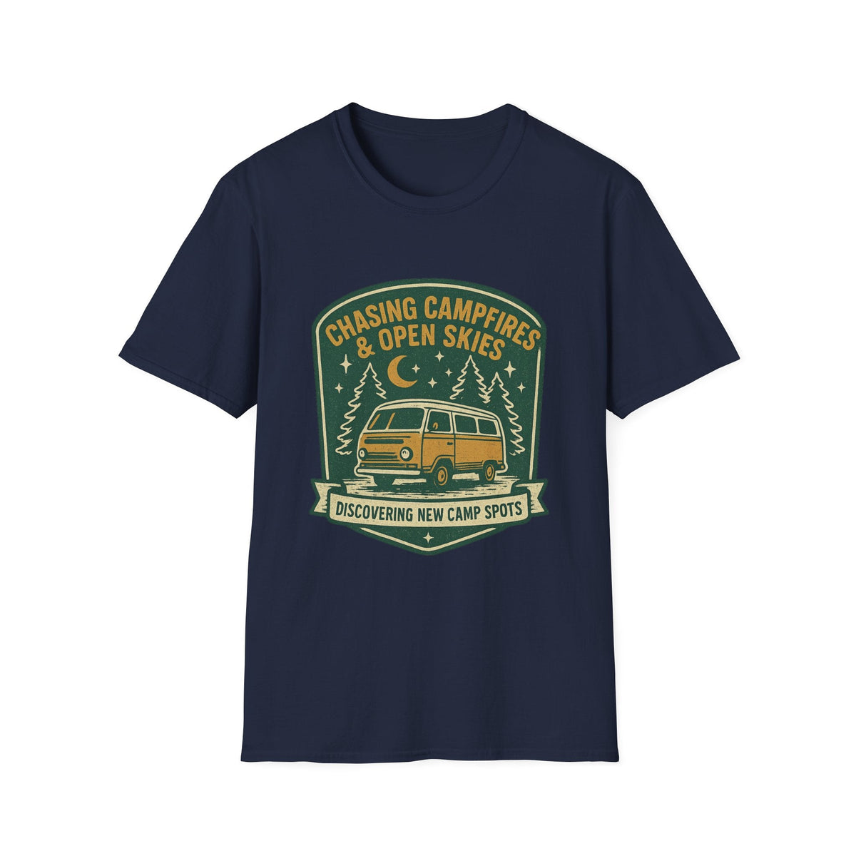 Chasing Campfires & Open Skies T-Shirt | Vintage Camper Van Camping Design | SummitPine