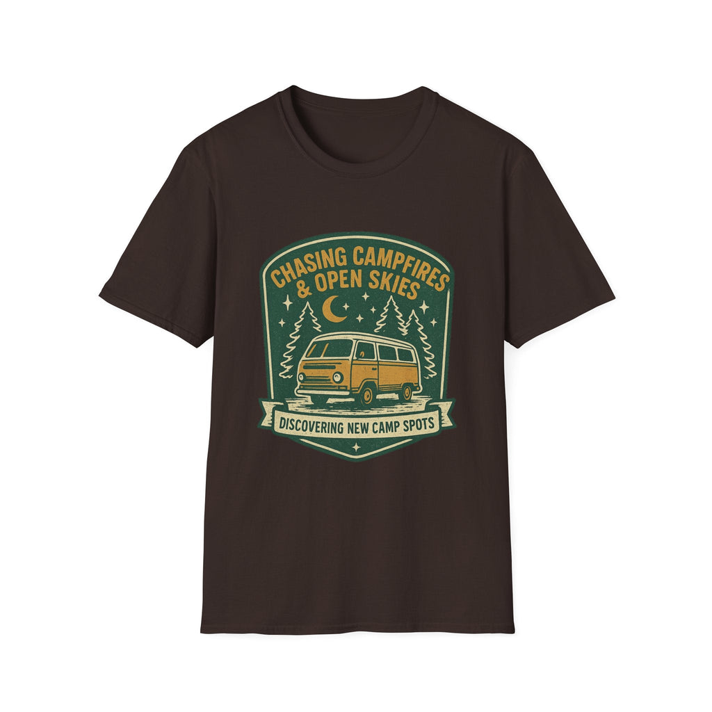 Chasing Campfires & Open Skies T-Shirt | Vintage Camper Van Camping Design | SummitPine