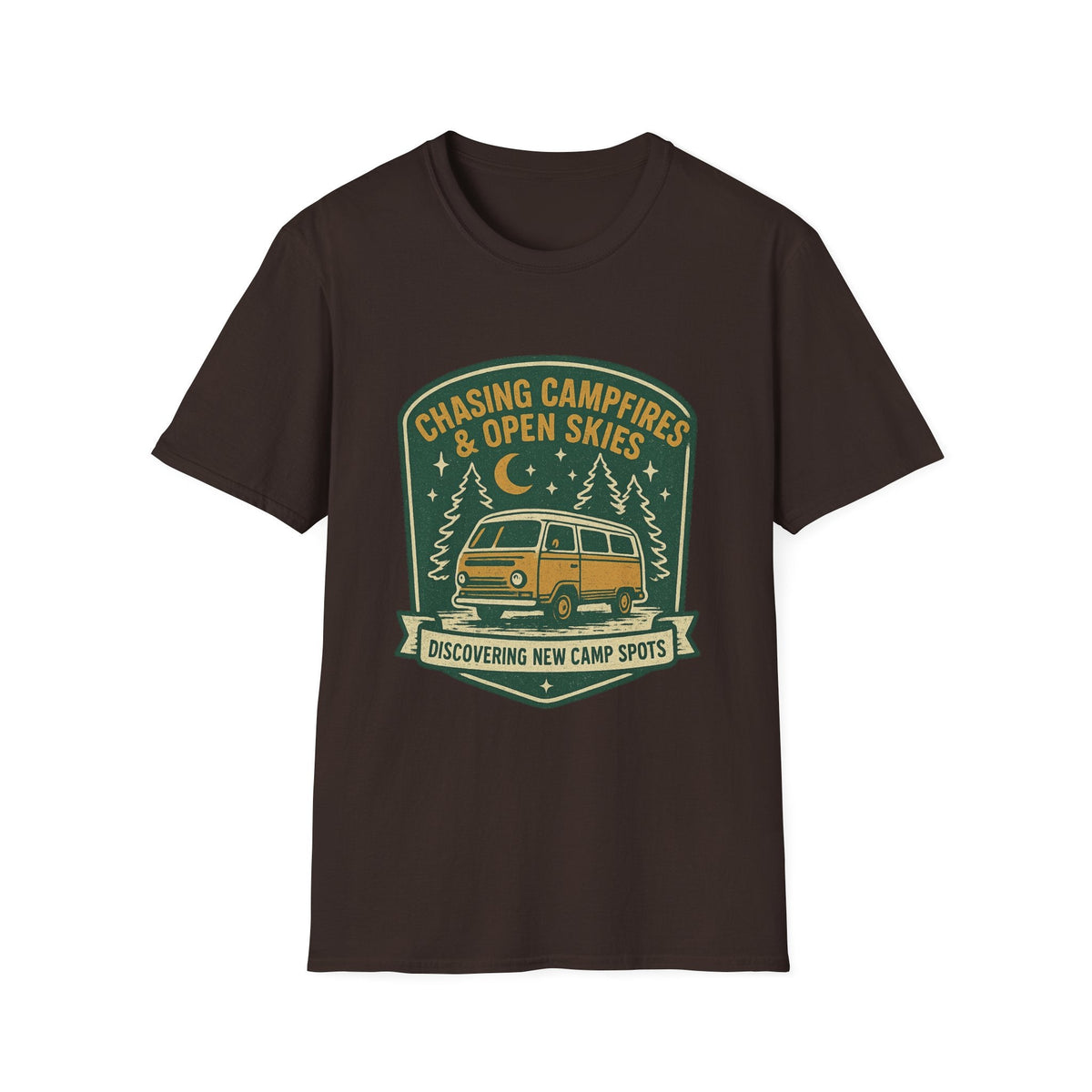 Chasing Campfires & Open Skies T-Shirt | Vintage Camper Van Camping Design | SummitPine