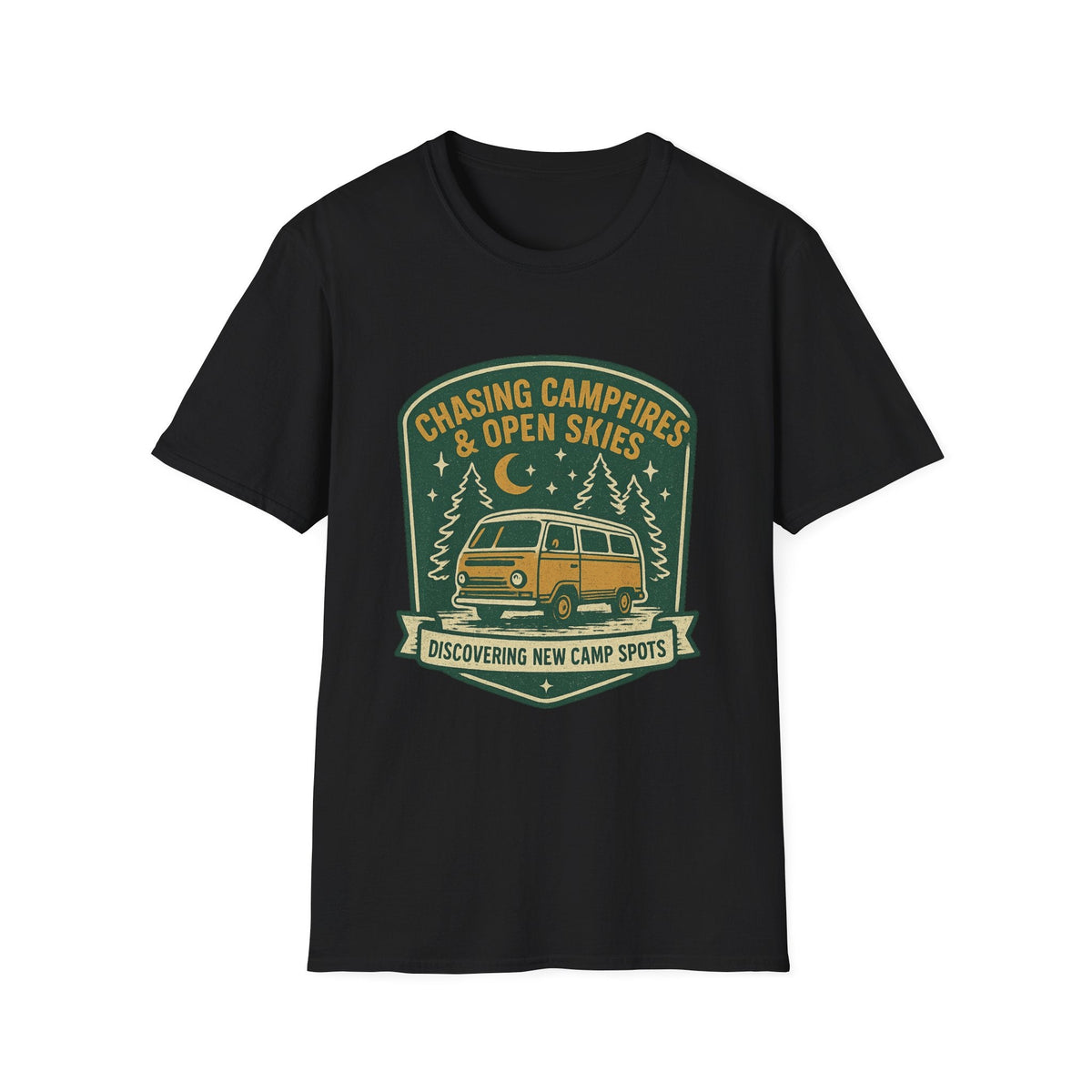 Chasing Campfires & Open Skies T-Shirt | Vintage Camper Van Camping Design | SummitPine