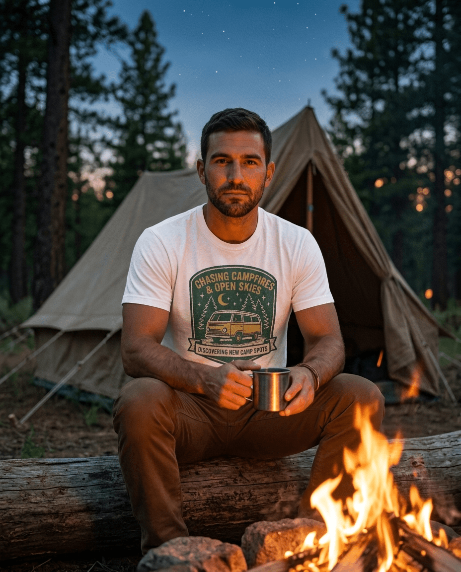 Chasing Campfires & Open Skies T-Shirt | Vintage Camper Van Camping Design | SummitPine