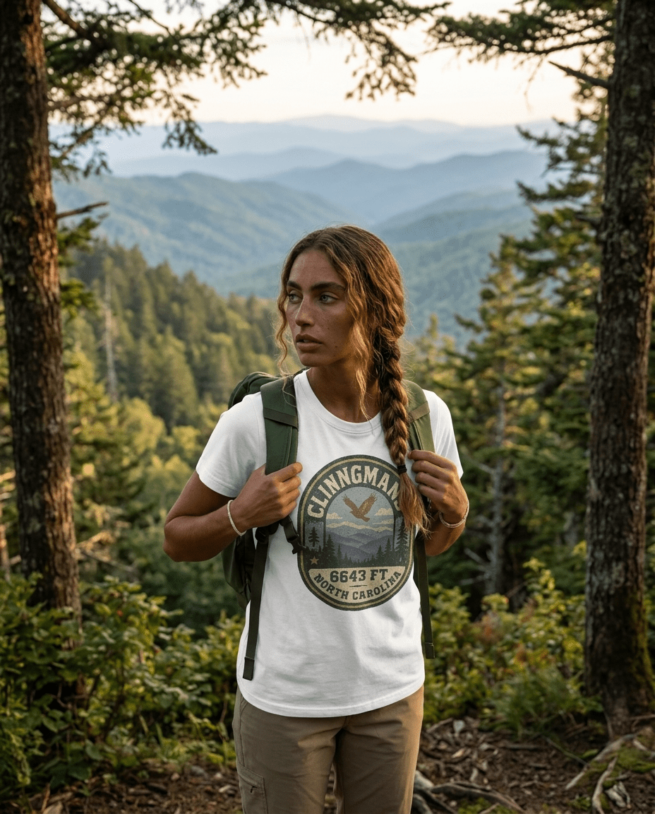 Clinngmans North Carolina 6643 Ft Mountain Badge T-Shirt | Hiking Patch Design | SummitPine