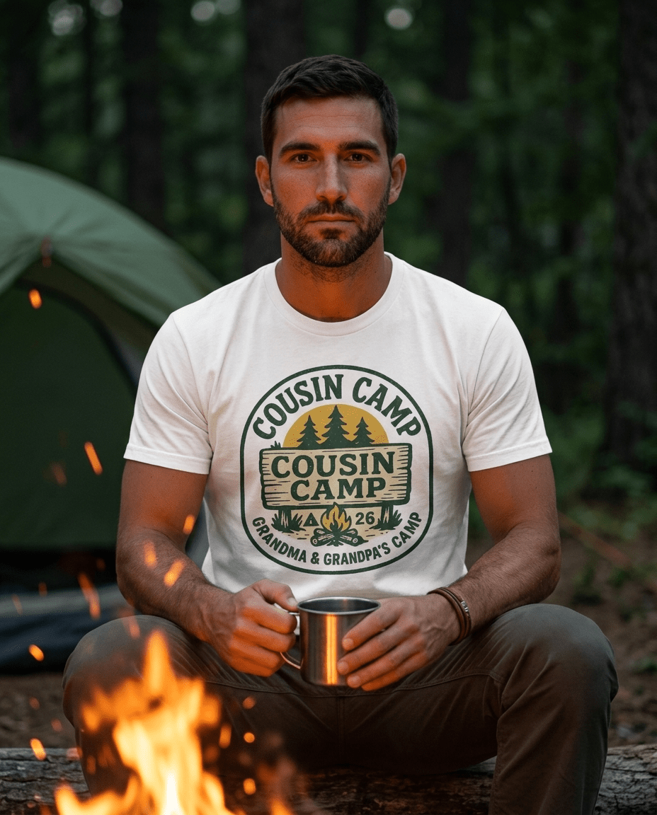 Cousin Camp Graphic T-Shirt | Family Camping Badge, Pine Tree Design | SummitPine