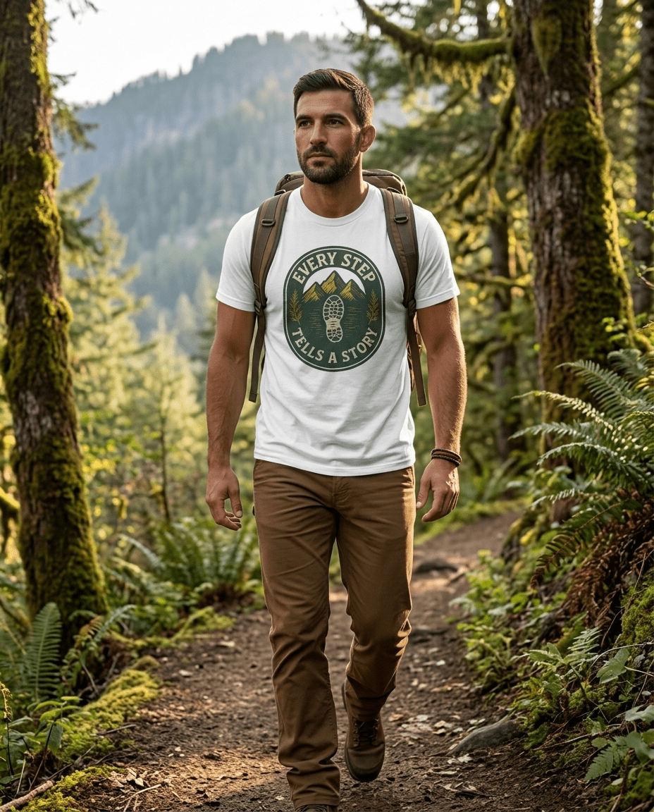 Every Step Tells a Story T-Shirt | Hiking Mountain Trail Boot Print | SummitPine