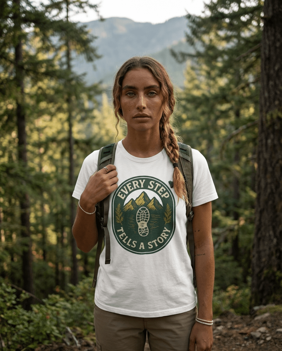 Every Step Tells a Story T-Shirt | Hiking Mountain Trail Boot Print | SummitPine