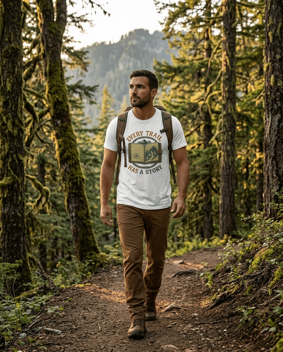 Every Trail Has a Story T-Shirt | Hiking Map Compass Mountains | SummitPine