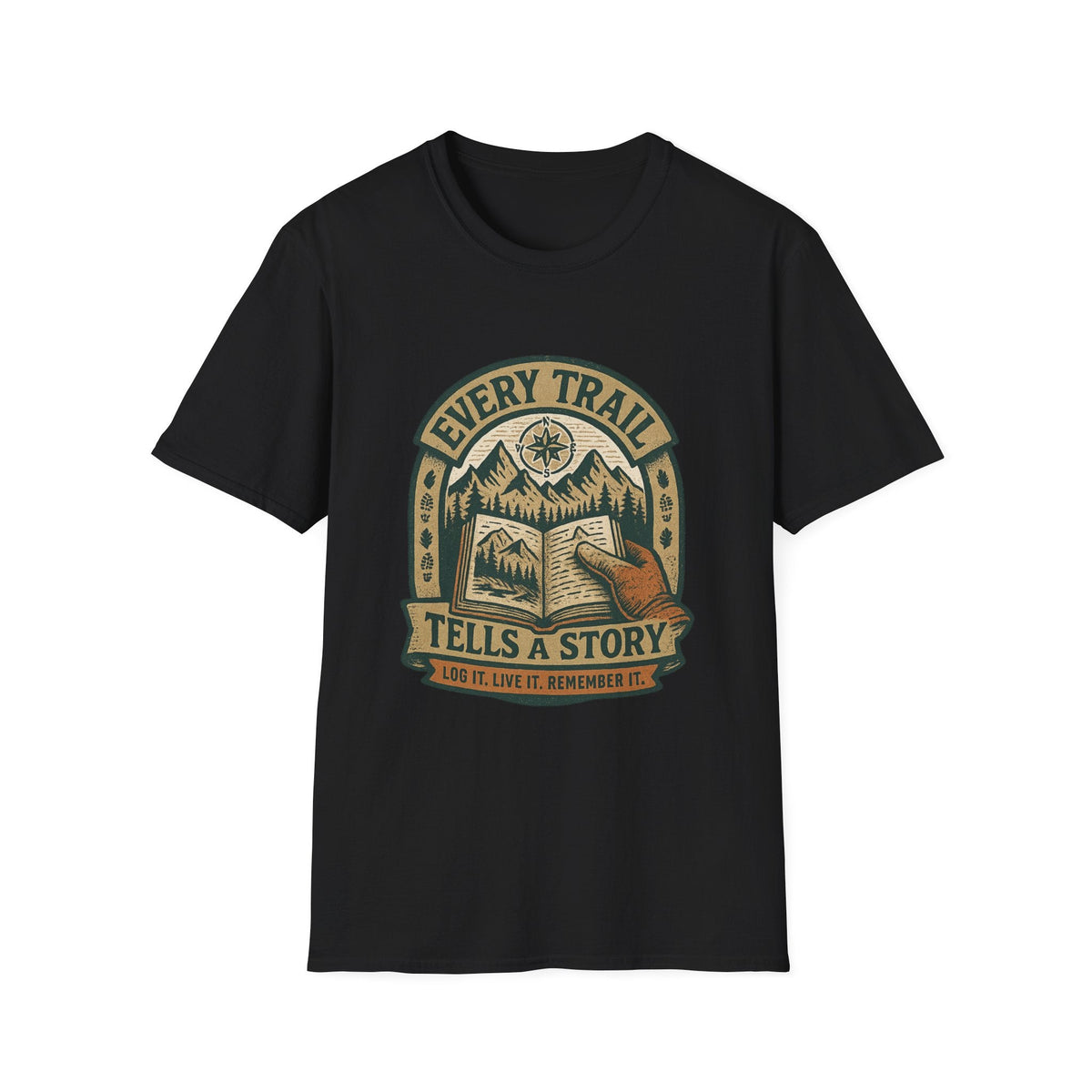 Every Trail Tells a Story T-Shirt | Hiking Mountains Compass Patch | SummitPine