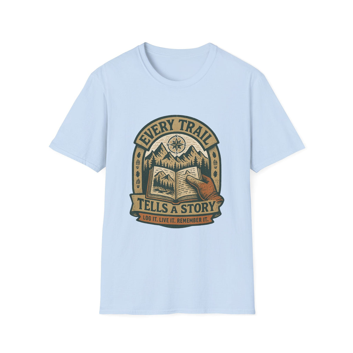 Every Trail Tells a Story T-Shirt | Hiking Mountains Compass Patch | SummitPine