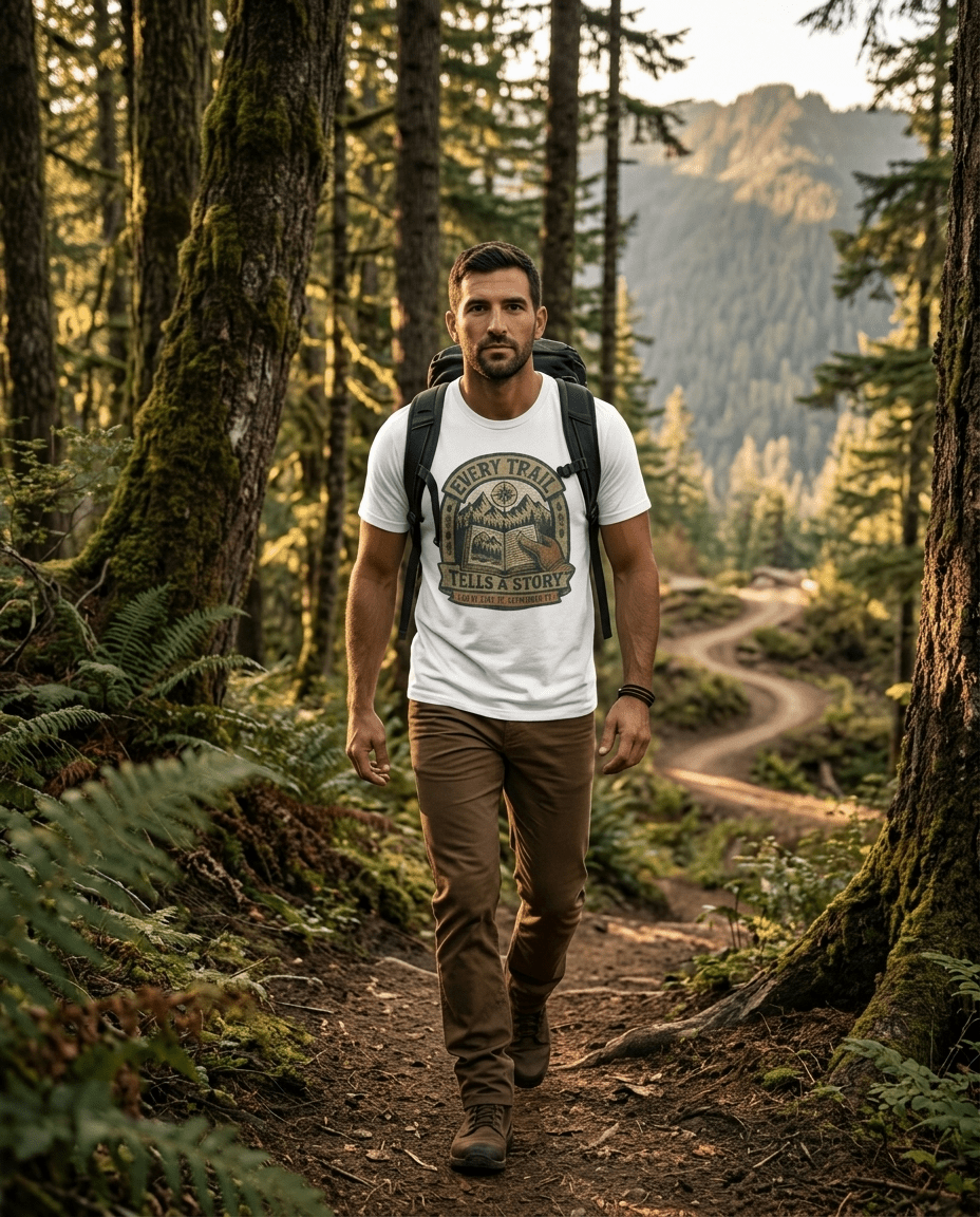 Every Trail Tells a Story T-Shirt | Hiking Mountains Compass Patch | SummitPine