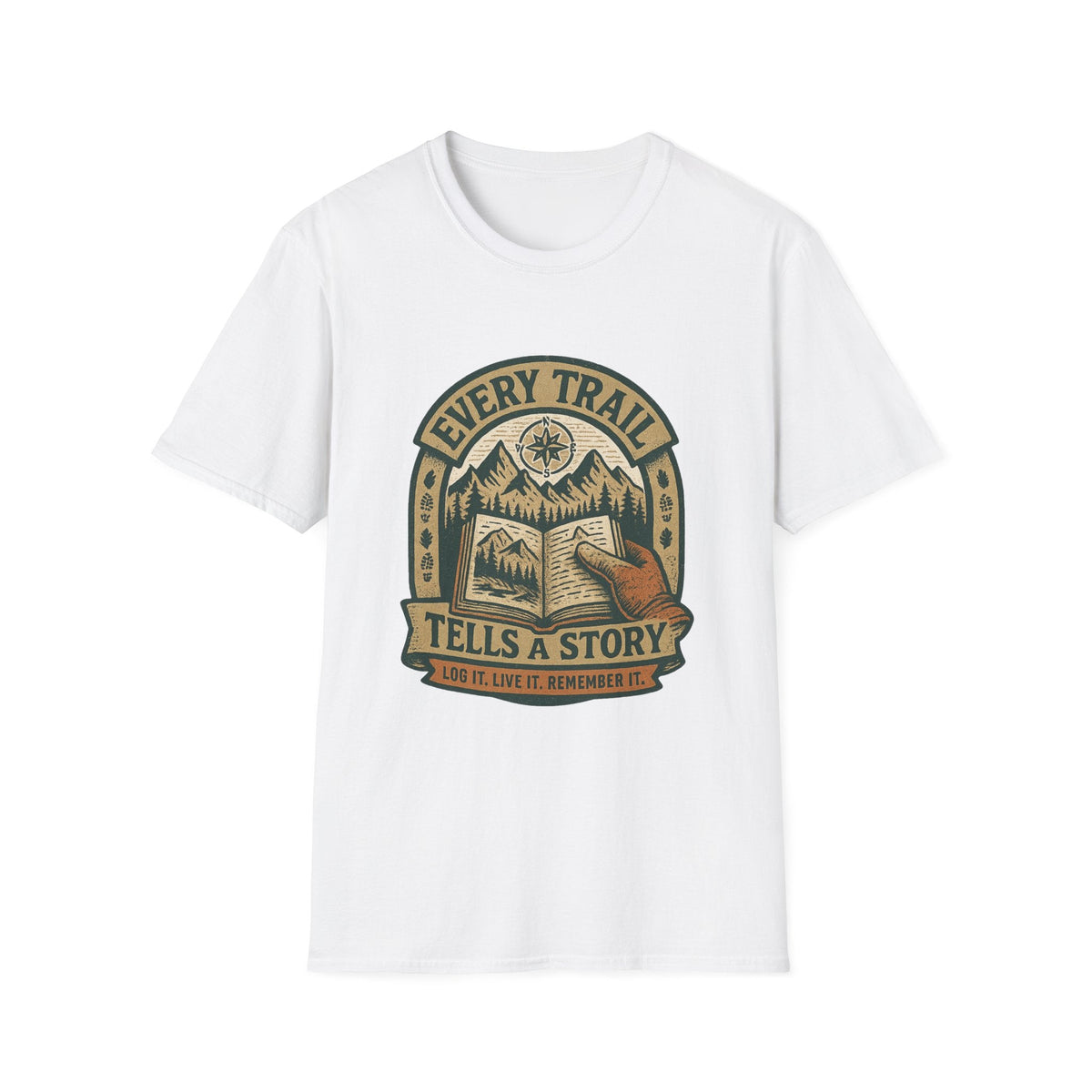 Every Trail Tells a Story T-Shirt | Hiking Mountains Compass Patch | SummitPine