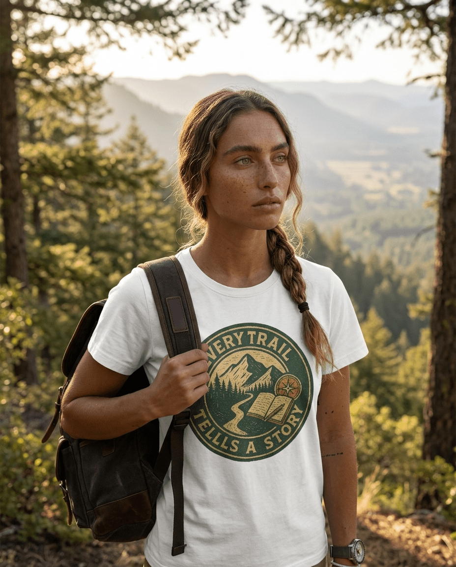 Every Trail Tells a Story T-Shirt | Mountain Hiking Badge Design | SummitPine