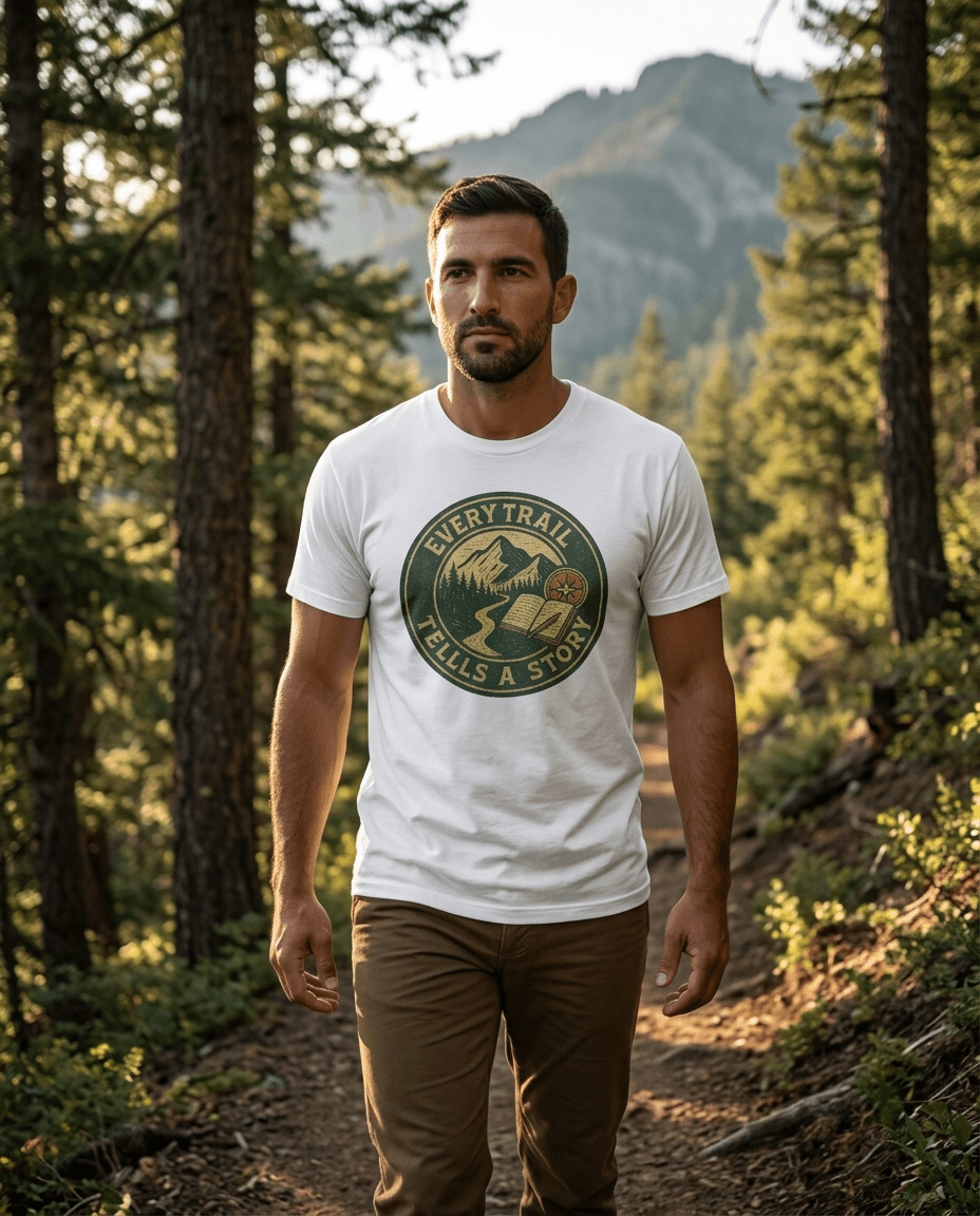 Every Trail Tells a Story T-Shirt | Mountain Hiking Badge Design | SummitPine