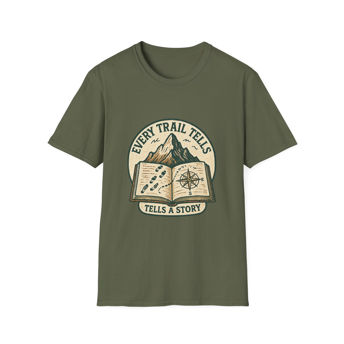 Every Trail Tells Story T-Shirt | Mountain, Open Book, Compass Design | SummitPine