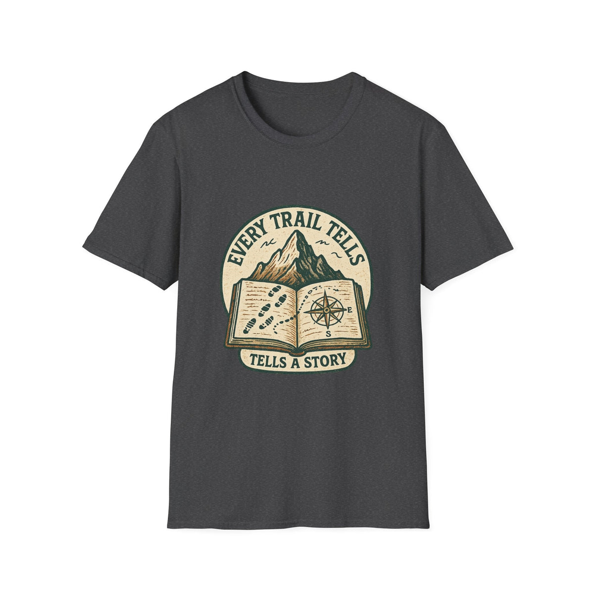 Every Trail Tells Story T-Shirt | Mountain, Open Book, Compass Design | SummitPine