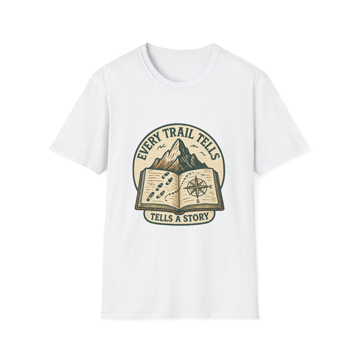 Every Trail Tells Story T-Shirt | Mountain, Open Book, Compass Design | SummitPine