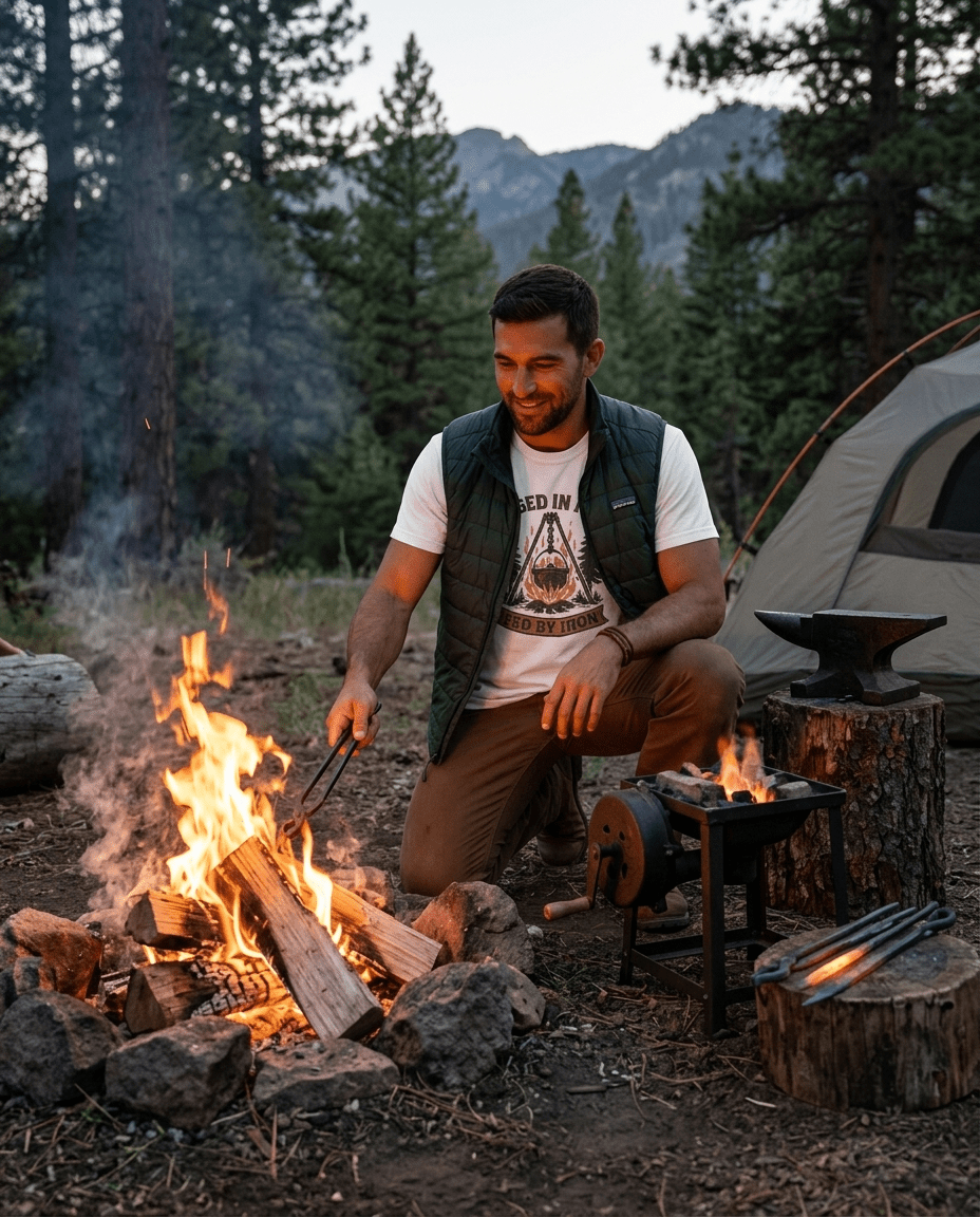 Forged in Fire campfire logo T-Shirt | blacksmith ironworking design | SummitPine
