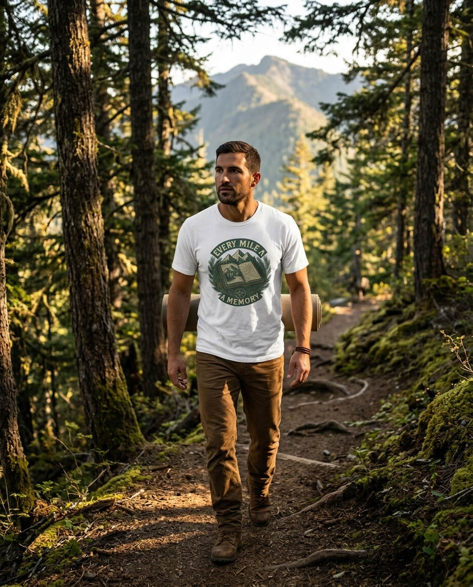 Man wearing the SummitPine Every Mile a Memory T-Shirt walking a forested mountain trail