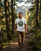 Man wearing the SummitPine Every Mile a Memory T-Shirt walking a forested mountain trail