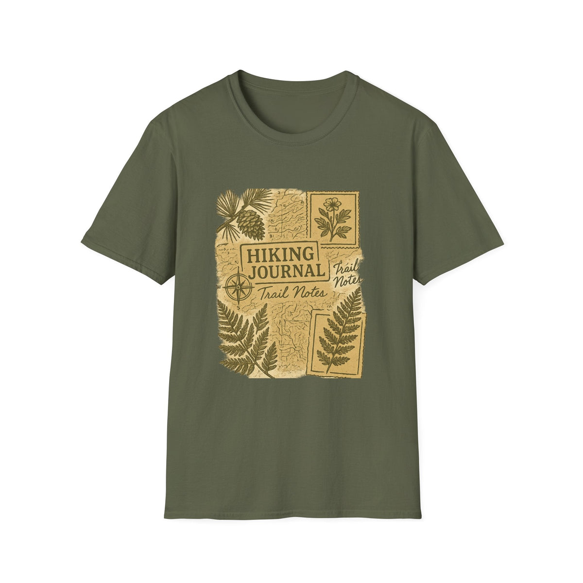 Hiking Journal Trail Notes T-Shirt | Botanical Ferns Compass Outdoor Theme | SummitPine