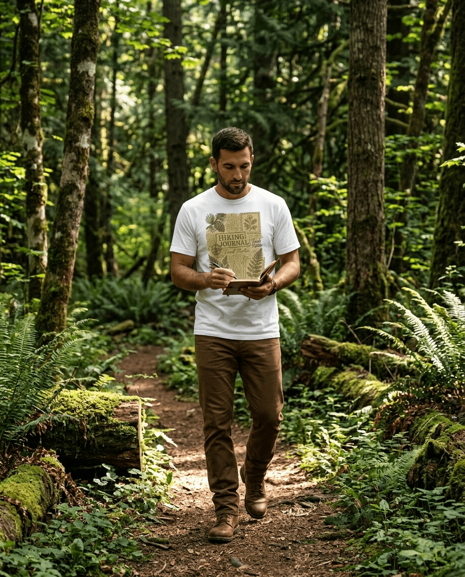 Hiking Journal Trail Notes T-Shirt | Botanical Ferns Compass Outdoor Theme | SummitPine