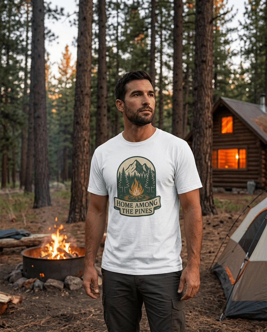 Home Among The Pines campfire graphic T-Shirt | mountain forest design | SummitPine