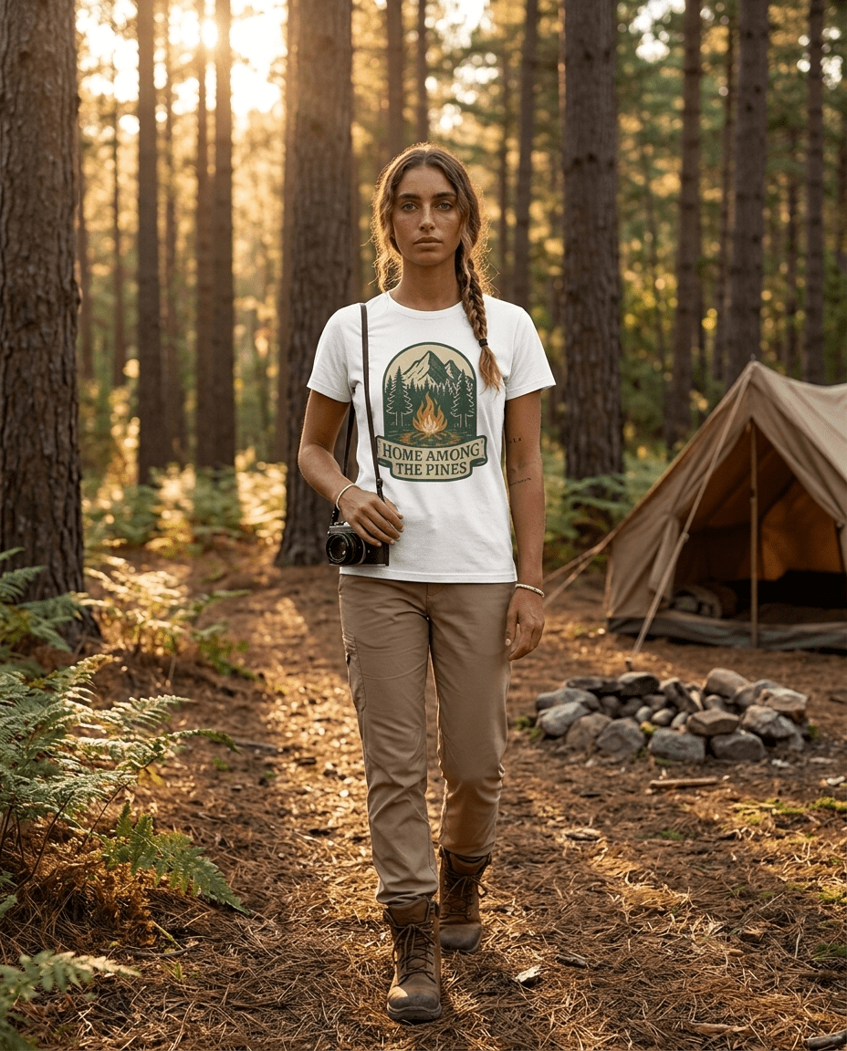 Home Among The Pines campfire graphic T-Shirt | mountain forest design | SummitPine