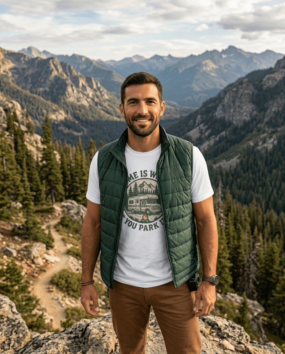 Home Is Where You Park It T-Shirt | RV Camper Mountain Design | SummitPine