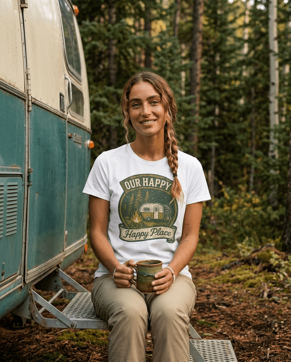 Our Happy Happy Place camper graphic T-Shirt | vintage camping trailer design | SummitPine