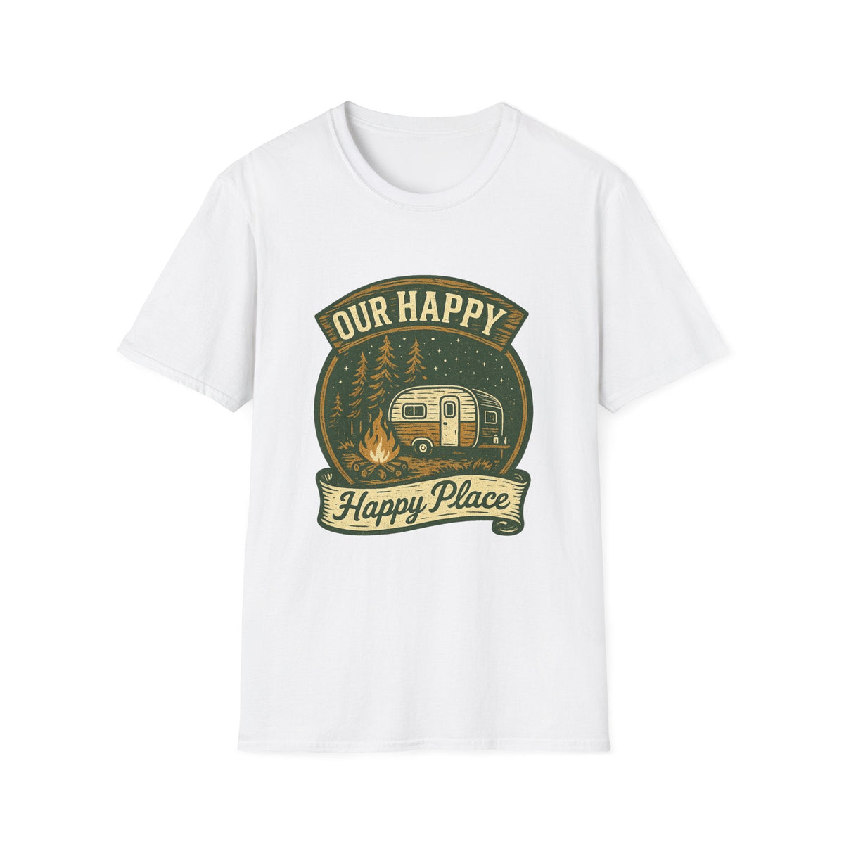 Our Happy Happy Place camper graphic T-Shirt | vintage camping trailer design | SummitPine