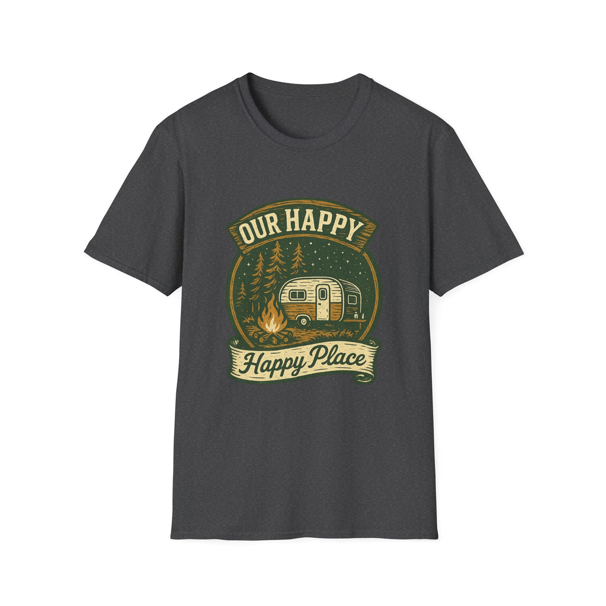 Our Happy Happy Place camper graphic T-Shirt | vintage camping trailer design | SummitPine